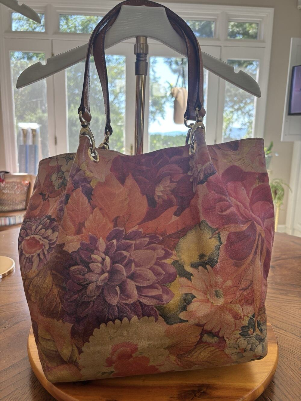 Maurizio Taiuti Italian Leather Floral Colorful Tote Magnetic Close Brown Handle